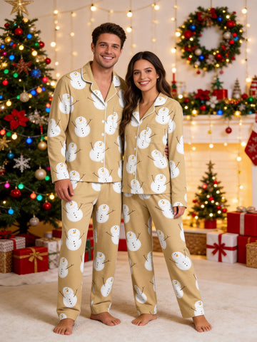 Yellow Cute Snowman Print Long Sleeve Button-Down Matching Couple Christmas Pajamas Set
