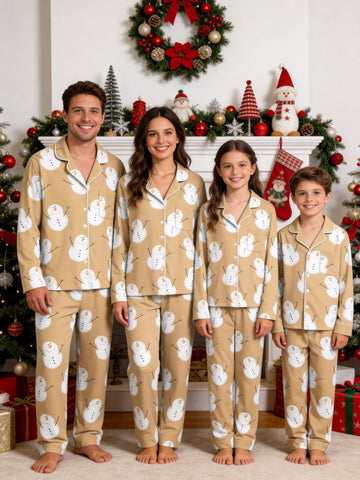 Yellow Cute Snowman Print Long Sleeve Button-Down Matching Family Christmas Pajamas Set