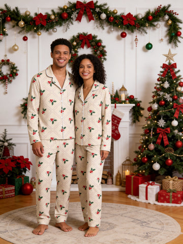 Beige Vintage Holly Berry and Grid Pattern Matching Couple Holiday Pajamas Set