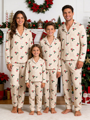 Beige Vintage Holly Berry and Grid Pattern Matching Family Holiday Pajamas Set