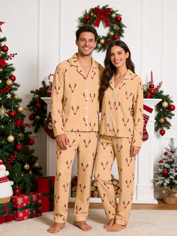 Khaki Red Nosed Reindeer Antlers Print Long Sleeve Matching Couple Pajamas
