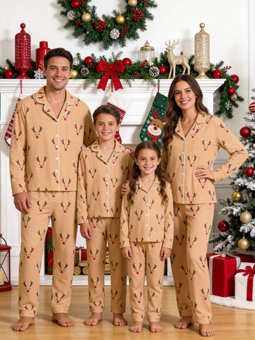 Khaki Red Nosed Reindeer Antlers Print Long Sleeve Matching Family Pajamas