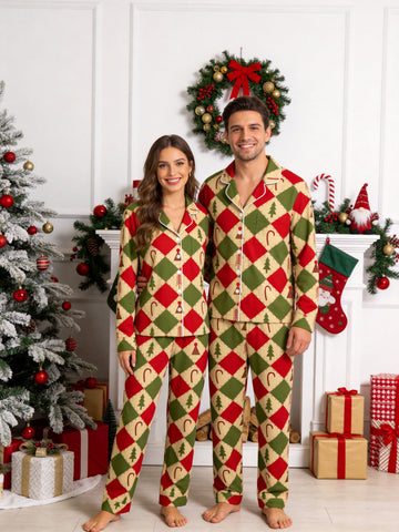 Red and Green Argyle Christmas Tree and Candy Cane Print Matching Couple Sleepwear Set