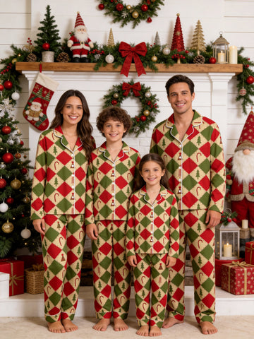 Red and Green Argyle Christmas Tree and Candy Cane Print Matching Family Sleepwear Set