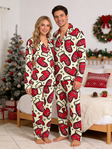 Red Mitten Print Christmas Matching Couple Pajamas Holiday Set