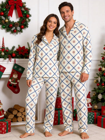 Blue Plaid with Red Winter Floral Print Button-Down Matching Couple Pajamas