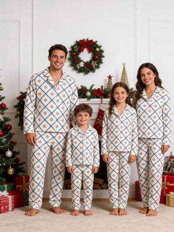 Blue Plaid with Red Winter Floral Print Button-Down Matching Family Pajamas