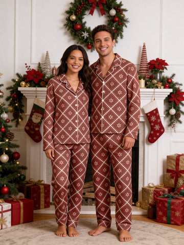 Terracotta Red Geometric Diamond and White Floral Print Holiday Couple Pajamas Set