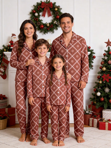 Terracotta Red Geometric Diamond and White Floral Print Holiday Pajamas Set
