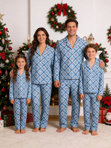 Dusty Blue Checkered Pattern with Red Flower Print Matching Family PJs