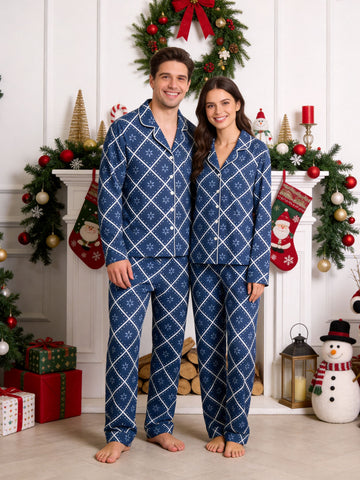 Dark Navy Blue Grid and White Blossom Print Matching Couple Christmas Sleepwear