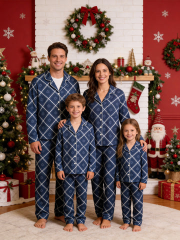 Dark Navy Blue Grid and White Blossom Print Matching Family Christmas Sleepwear
