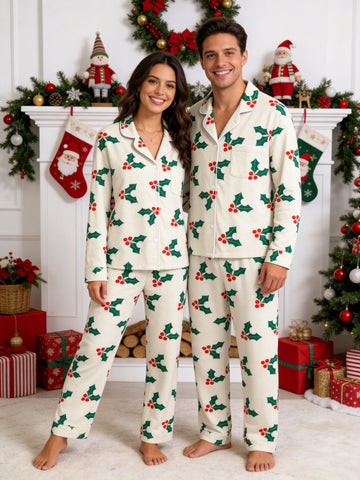 Creamy White Holly Berries and Green Leaves Print Holiday Couple Pajamas
