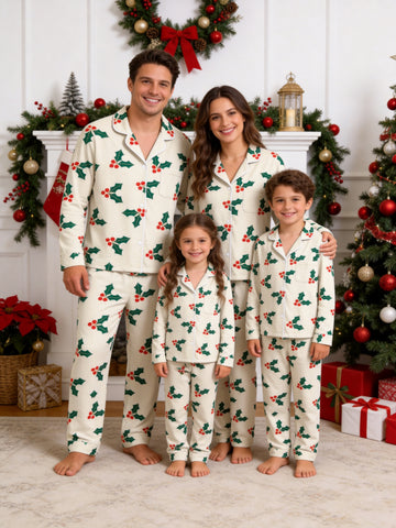 Creamy White Holly Berries and Green Leaves Print Holiday Family Pajamas