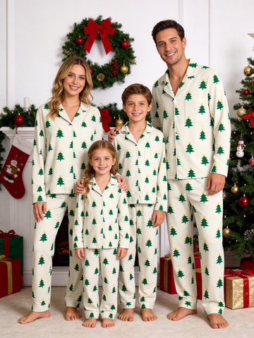 Matching Family Christmas Pajamas Set with Gold Star-Topped Green Trees Print Long Sleeve Button-Down Sleepwear