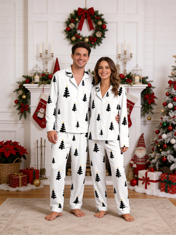 Black and Gold Star Christmas Tree Print Button-Down Matching Couple Pajama Set