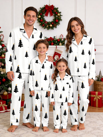 Black and Gold Star Christmas Tree Print Button-Down Matching Family Pajama Set