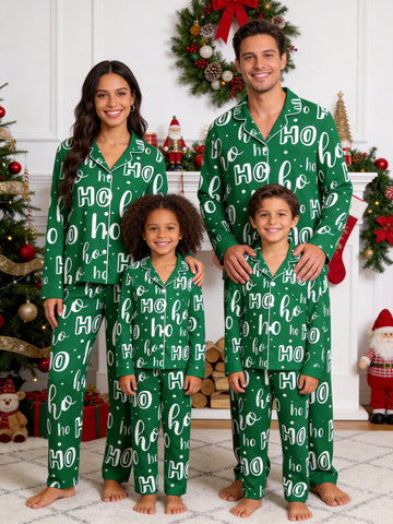 Festive Green and White Ho Ho Ho Letter Print Holiday Matching Family Sleepwear Button-Down Set