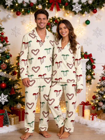 Candy Cane Heart and Bow Print Matching Couple Holiday Pajamas with Notch Collar