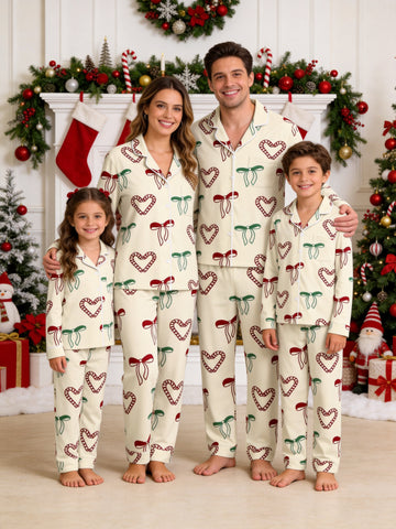 Candy Cane Heart and Bow Print Matching Family Holiday Pajamas with Notch Collar