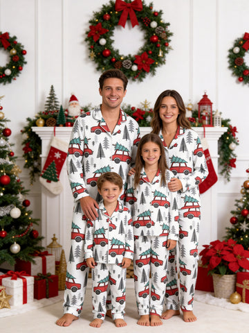 Red Christmas Car and Pine Tree Print Family Matching Christmas Sleepwear Set
