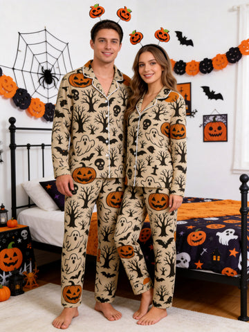 Two-Piece Set Vintage Pumpkin Tree Print Couple Autumn Two-Piece Button-Down PJS Long Sleeve Top and Pants with Pockets Halloween Holiday Sets