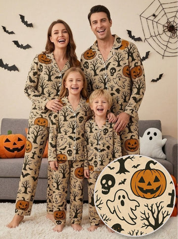Two-Piece Set Vintage Pumpkin Tree Print Family Autumn Two-Piece Button-Down PJS Long Sleeve Top and Pants with Pockets Halloween Holiday Sets