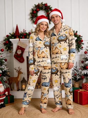 Two-Piece Set Holy Night Baby Jesus Print Couple Christmas Two-Piece Button-Down PJS Long Sleeve Top and Pants with Pockets Winter Holiday Sets