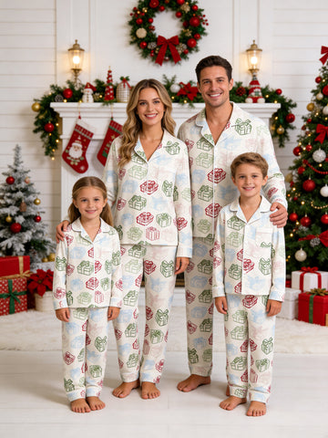 Colorful Christmas Gift Boxes Print Button-Down Matching Family Holiday PJs