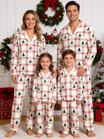Pink and Green Plaid Christmas Tree Print Matching Family Pajamas Button-Down Sleepwear