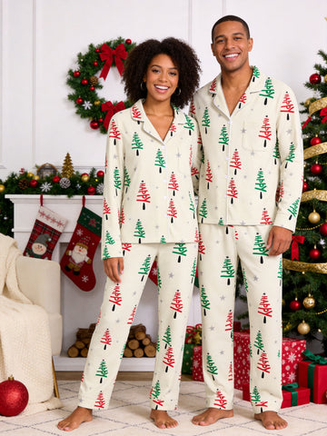 Green and Red Happy Letter Print Holiday Matching Couple Pajamas Long Sleeve Set