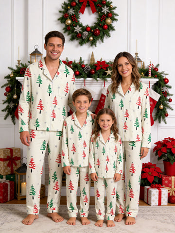 Green and Red Happy Letter Print Holiday Matching Family Pajamas Long Sleeve Set