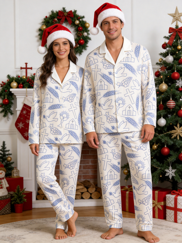 Two-Piece Set Religious Cross Dove Print Couple Christian Two-Piece Button-Down PJS Long Sleeve Top and Pants with Pockets Faith Holiday Sets
