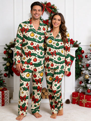 Christmas Garland with Red Bows and Ornaments Print Couple Matching Sleepwear Set