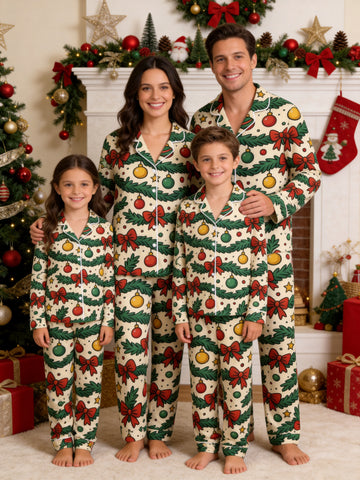 Christmas Garland with Red Bows and Ornaments Print Family Matching Sleepwear Set