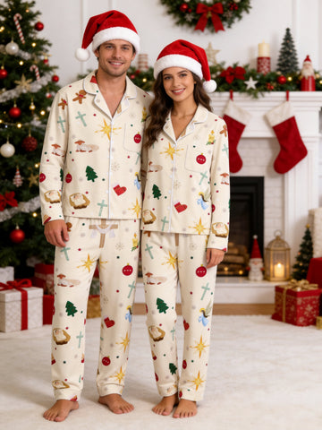 Two-Piece Set Nativity Cross Angel Print Couple Christmas Two-Piece Button-Down PJS Long Sleeve Top and Pants with Pockets Winter Holiday Sets