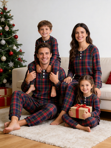 Henley Neck Red and Green Tartan Check Family Plaid Pajamas Matching Holiday Pajamas