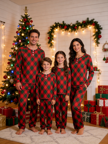 Henley Neck Red Green Diamond Argyle Family Plaid Pajamas Matching Holiday Set