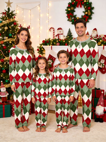 Henley Neck Red White Green Argyle Diamond Family Plaid Pajamas Matching Holiday Pajamas