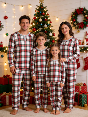 Henley Neck White Ground Multi-Color Tartan Family Plaid Pajamas Matching Holiday Set