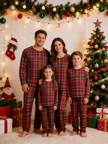 Henley Neck Red Green Yellow Tartan Check Family Plaid Pajamas Matching Holiday Pajamas