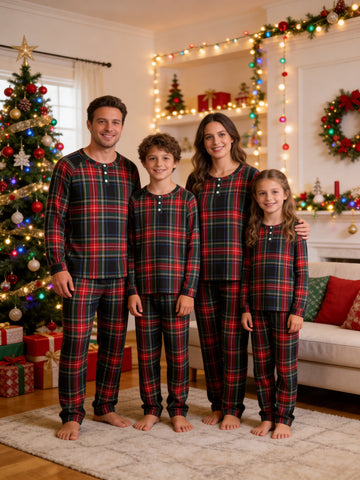 Henley Neck Black Ground Red Green Tartan Check Family Plaid Pajamas Matching Winter Set
