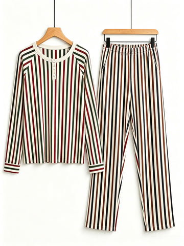 Henley Neck White Ground Red Green Black Vertical Striped Pajamas Matching Holiday Pajamas