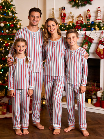 Henley Neck Light Grey Ground Red Blue Striped Pajamas Festive Holiday Set
