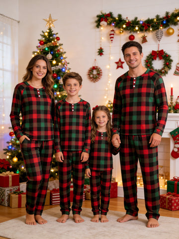 Henley Neck Red Green Brown Check Family Plaid Pajamas Matching Xmas Pajamas