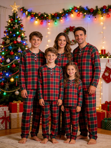 Henley Neck Deep Green Red Tartan Windowpane Family Plaid Pajamas Matching Holiday Set