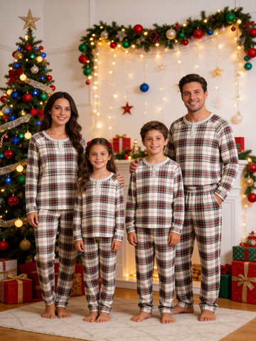 Henley Neck Off-White Ground Red Green Thin Line Family Plaid Pajamas Matching Holiday Pajamas