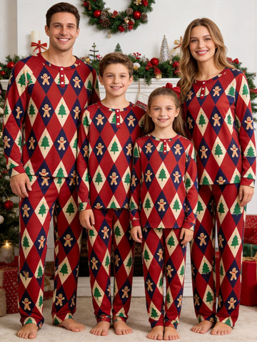 Henley Neck Gingerbread Man and Christmas Tree Argyle Diamond Family Plaid Pajamas Matching Holiday Pajamas