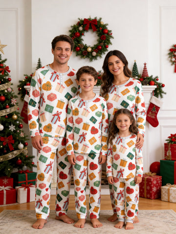 Henley Neck White Ground Colorful Christmas Gift Boxes and Hearts Print Pajamas Matching Xmas Set