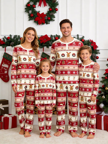Henley Neck Red Ground Stripe Gingerbread Man Snowflake Stocking Print Pajamas Festive Holiday Set